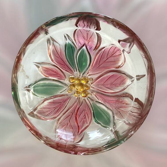 Vintage Art Glass Poinsettia Round Christmas Flower Dish Irredescent Floral - Picture 1 of 5